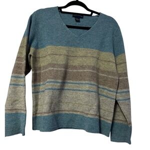 Charter‎ Club Womens Vintage Blue Striped 100% Lambswool V-Neck Sweater Size L